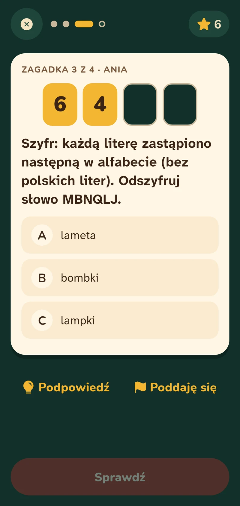 Zagadka dla dorosłego: odszyfruj słowo, w którym każdą literę zastąpiono następną w alfabecie